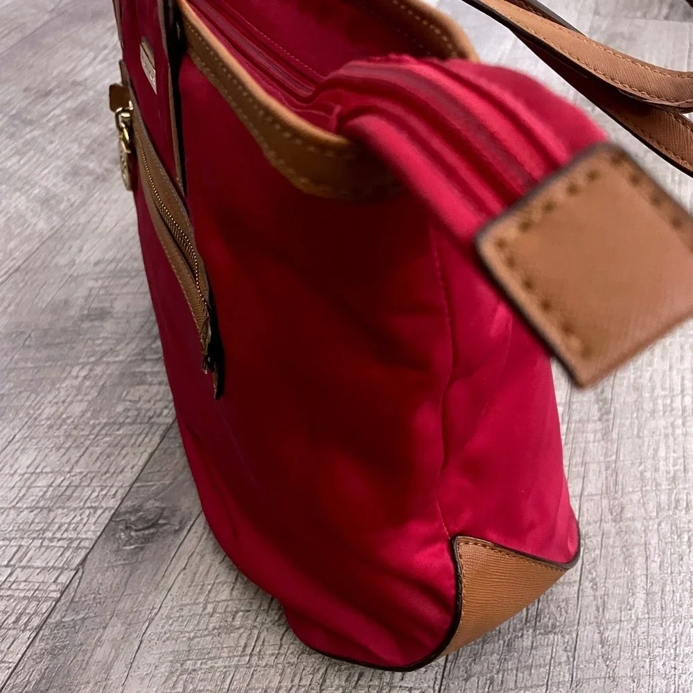 Michael Kors Pink Nylon Saffiano Leather Trim‎ Tote Bag Gold Hardware MK Logo